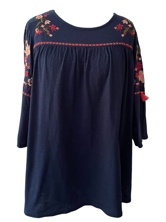 St. John's Bay Tops - St. John's Bay Navy Tunic, Pink & Red Floral Embroidery, 3/4 sleeve, Tassels XXL